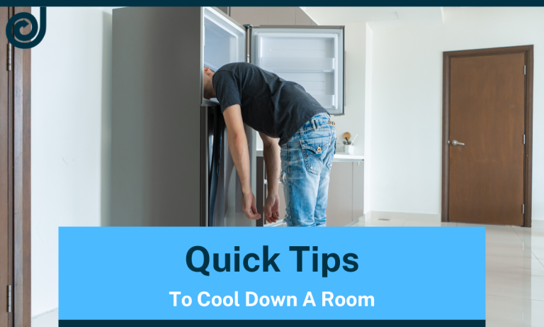 man with his head in the freezer with the caption quick tips to cool down a room